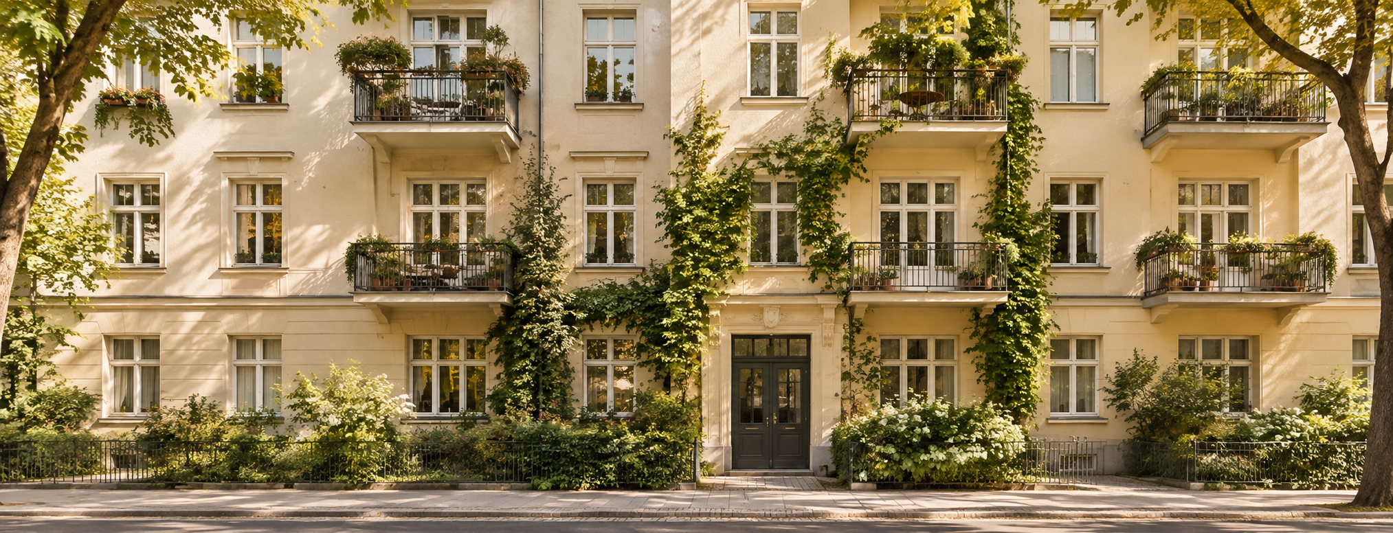 Berliner Wohnhausfassade mit Balkonen und Begrünung
